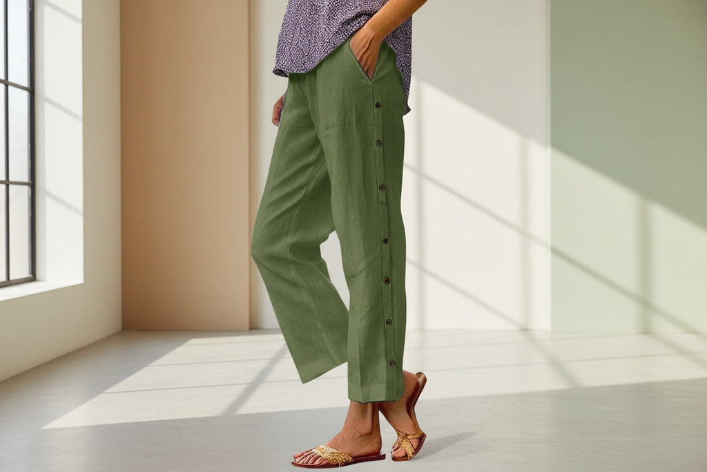 Cropped Pants With Decorative Buttons Along the Side Seams