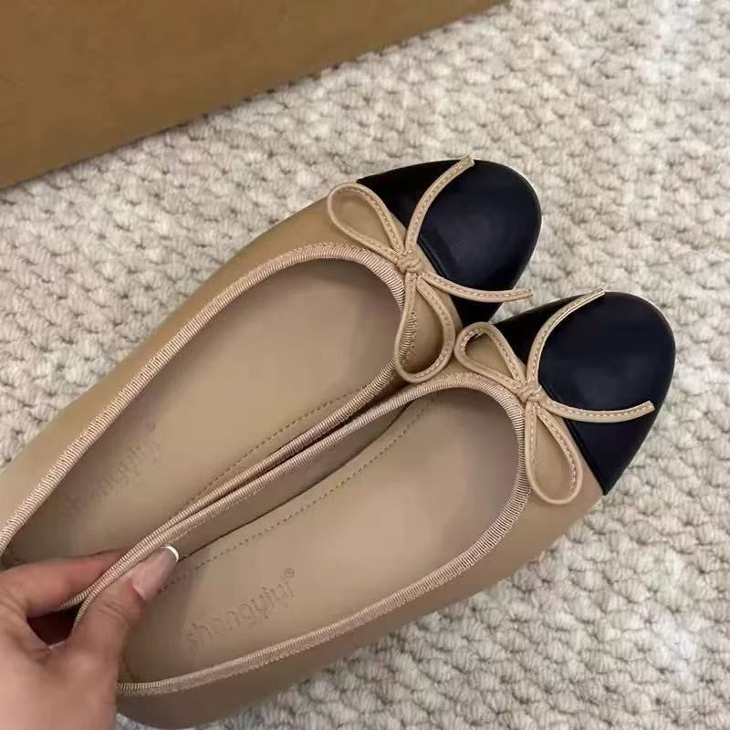 Women's Two-Tone Cap Toe Ballet Flats with Bow – Slip-On Hidden Platform