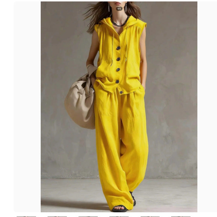 Sleeveless Hooded Top & Wide-Leg Pants Set | High-Waist Two-Piece
