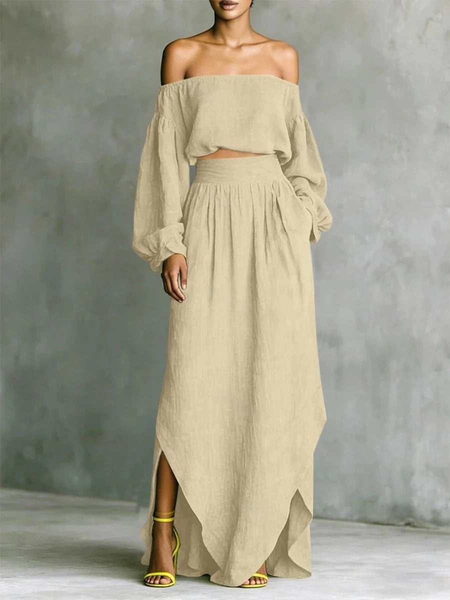 Off-Shoulder Top & Asymmetrical Maxi Skirt Set – Women's 2-Piece Outfit