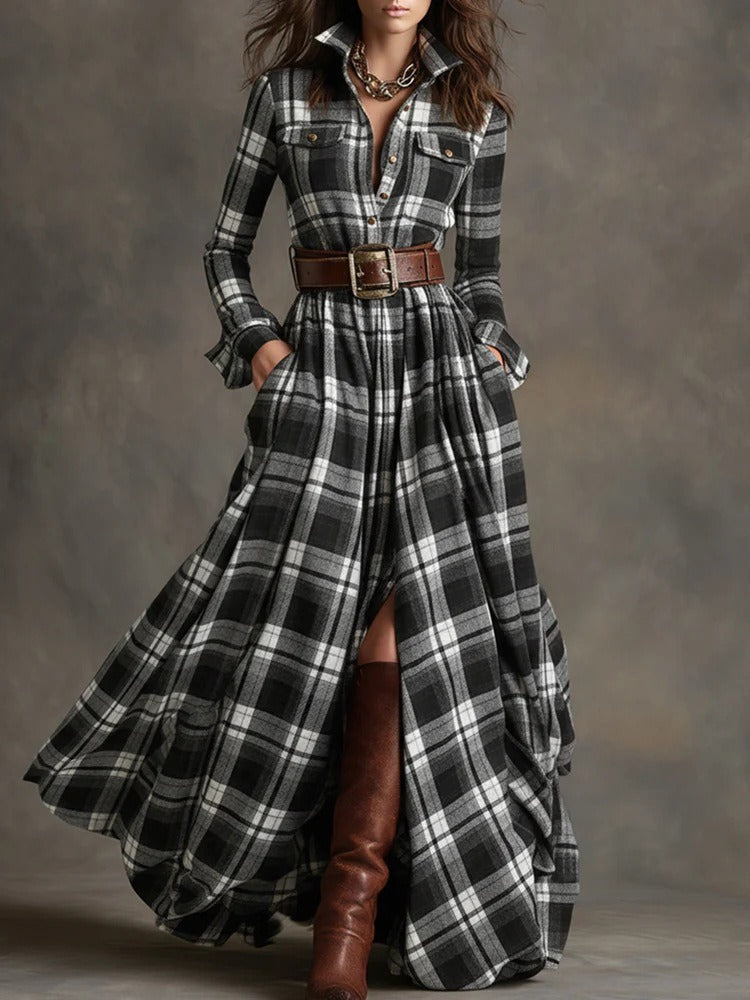 Women's Plus Size Plaid Print Long Sleeve Shirt Dress with Pockets