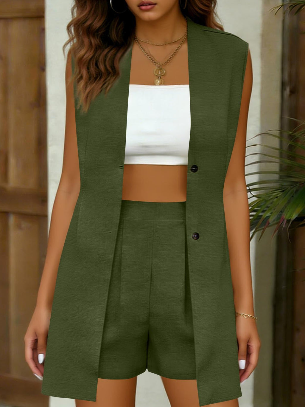 Women's V-Neck Sleeveless Vest Jacket & Shorts Set – Elegant Commuter Style