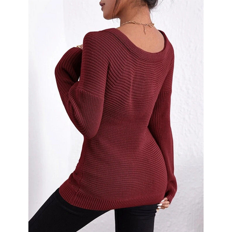 Women's Off-Shoulder Crossover Knit Sweater – Slim Fit Long Sleeve