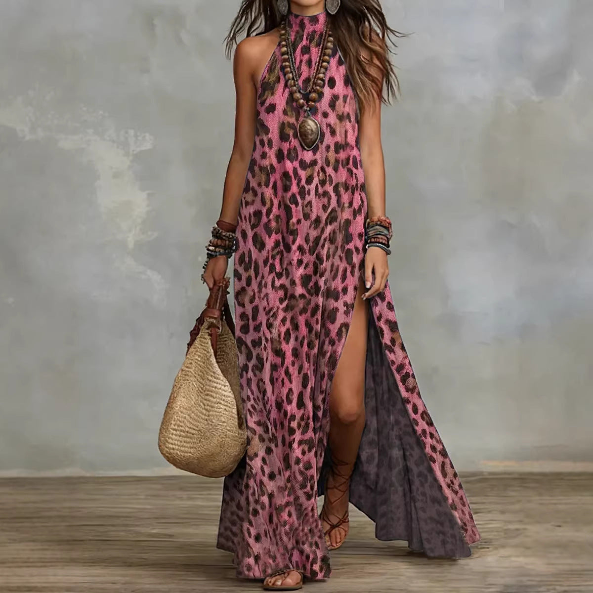 Women's Printed Scarf-Style Maxi Dress – Sleeveless, Split, Loose Boho