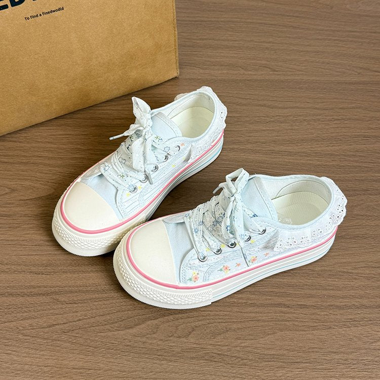 Women's Lace Frill Floral Embroidery Canvas Sneakers – Low-Top Lace-Up