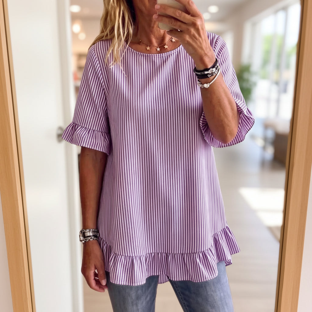 Women's Striped Ruffle-Sleeve Loose-Fit Blouse – Three-Quarter Sleeve