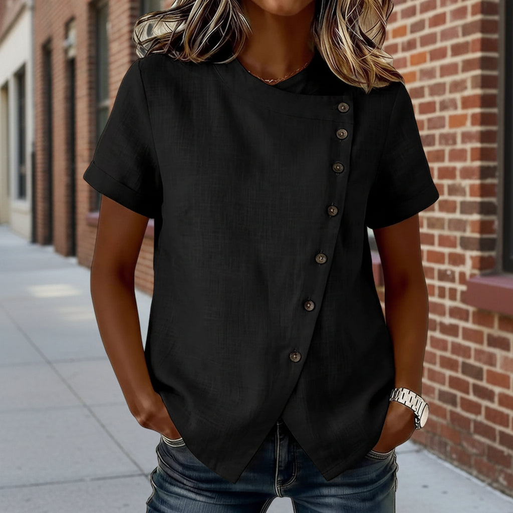 Women's Cross-Neckline Asymmetrical Hem Cotton Linen Top – Loose Fit