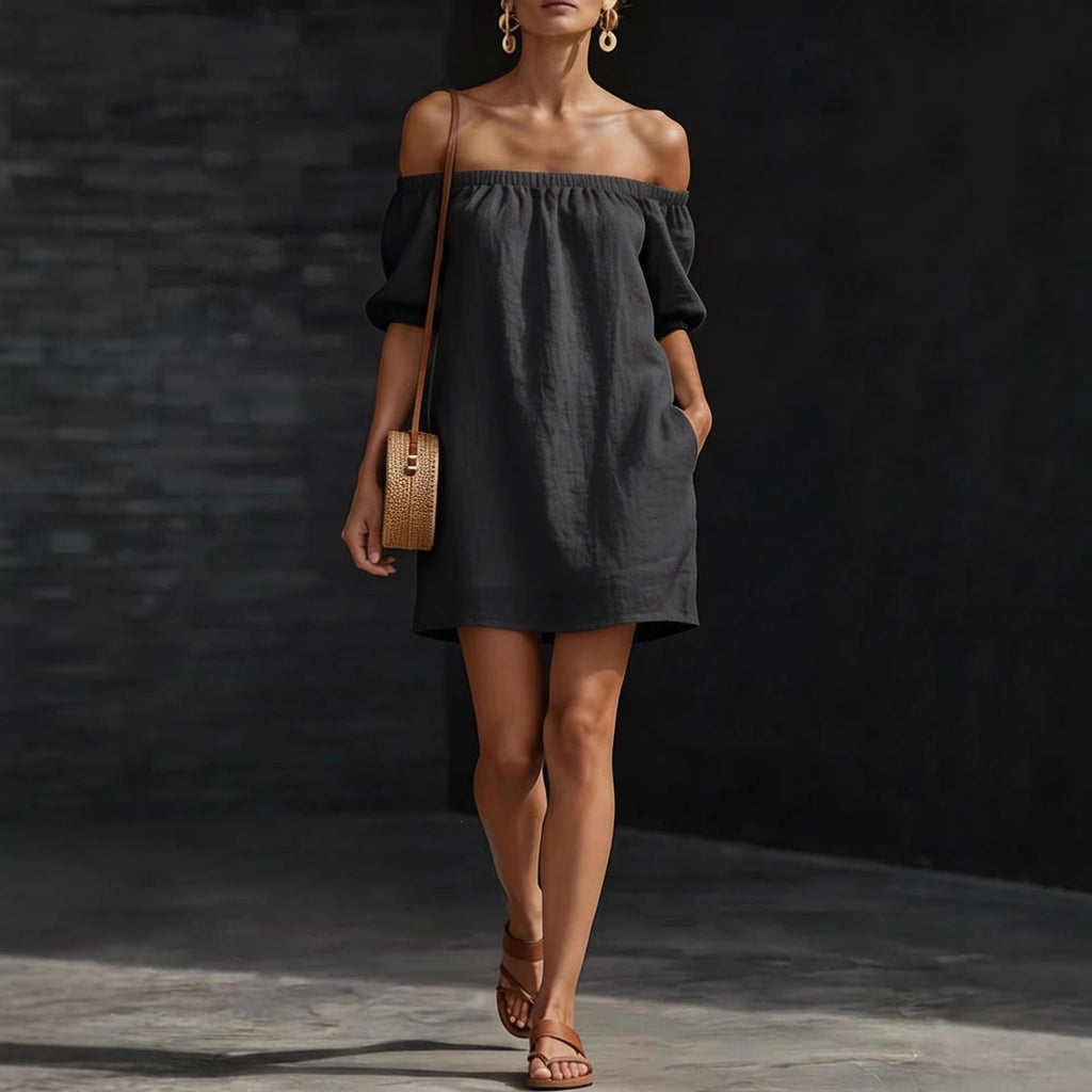 Women's Cotton-Linen Off-Shoulder Puff-Sleeve Loose Mini Dress
