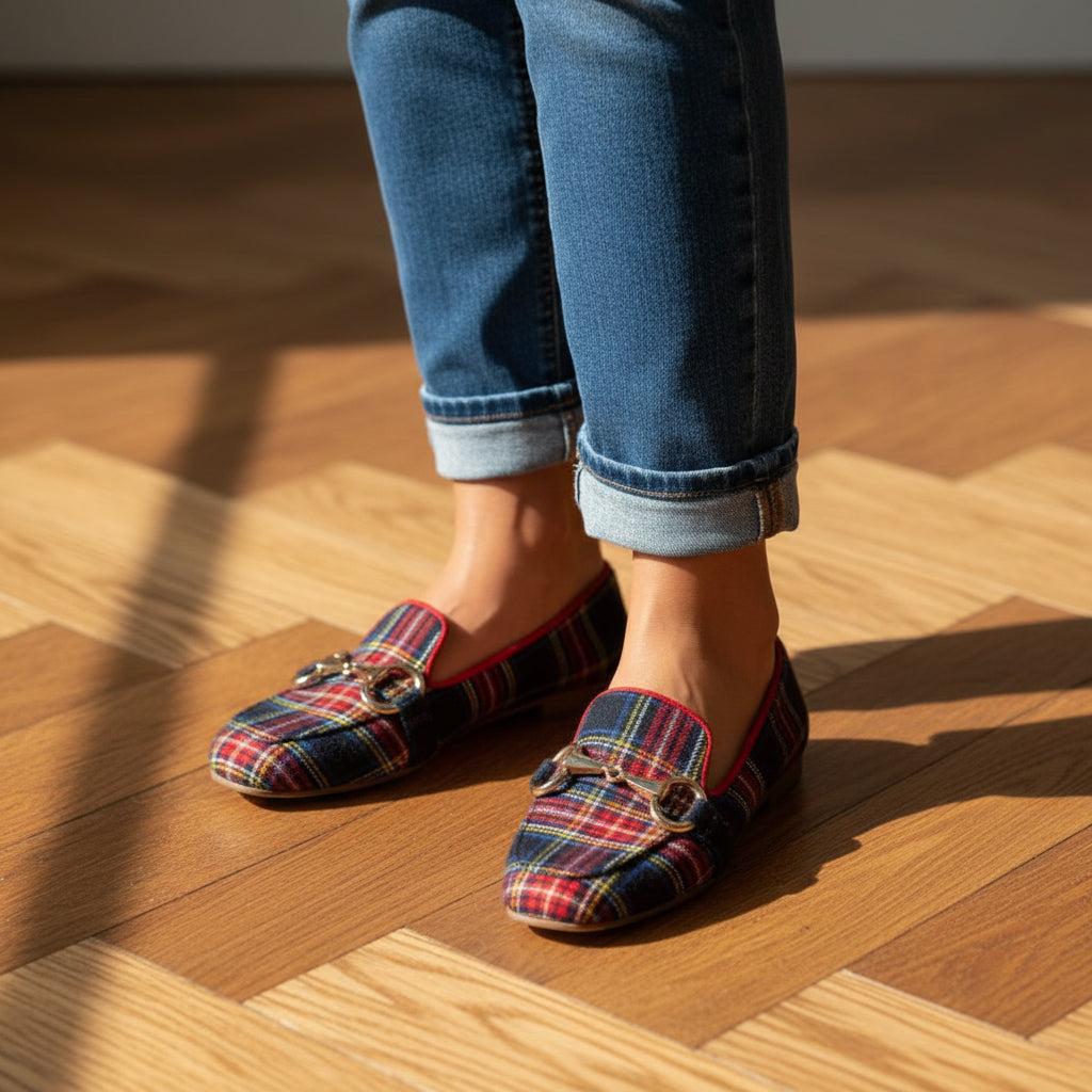 Women's Plaid Square Toe Flats – Buckle Casual Shoes in Red & Blue