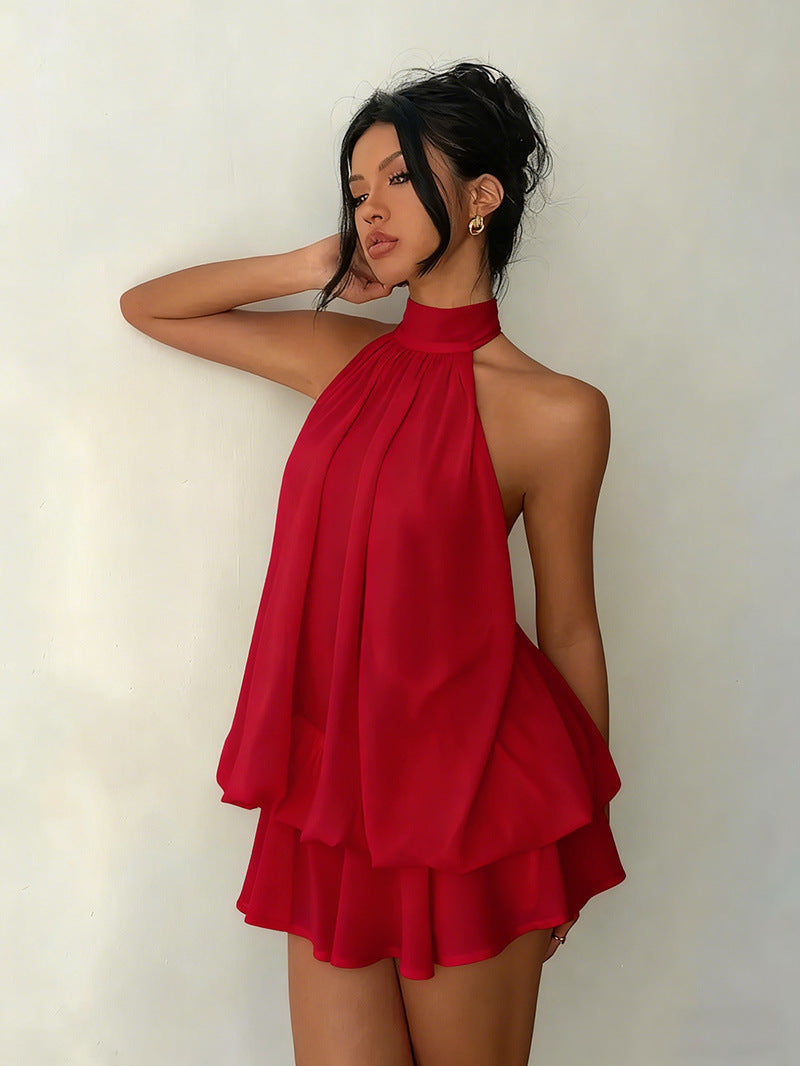 Women's Backless Halter Neck High-Waist Mini Dress with Puffy Skirt