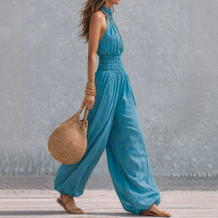 Women's Sleeveless Halter Neck High Waist Lantern Pants Jumpsuit – Teal Green Casual