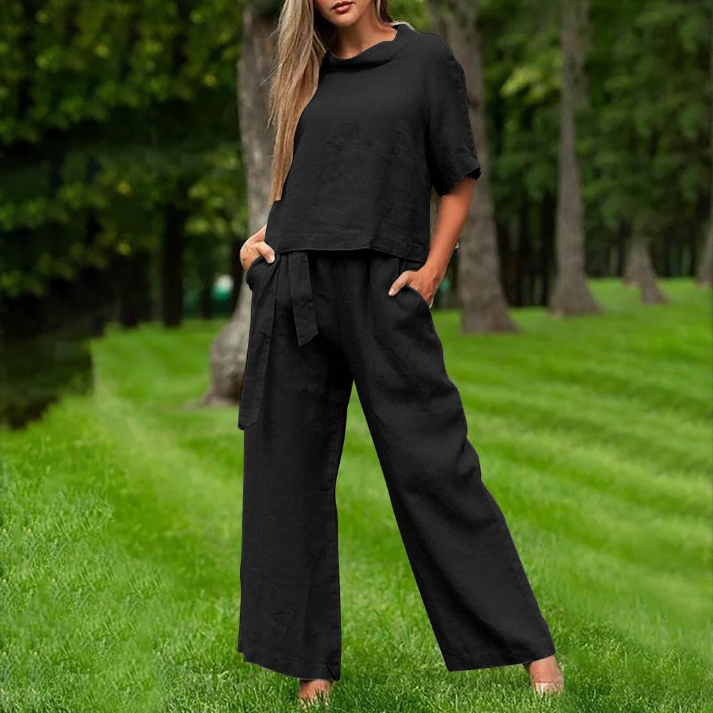 Round-Neck 3/4 Sleeve Top & Pants Two-Piece Set – 6 Colors, S–XXL