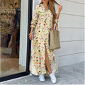 Women's Lapel-Collar Long Shirt Dress – Floral Print Midi Relaxed Fit
