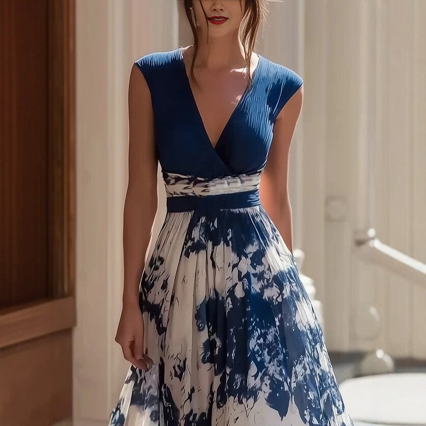 Women's Elegant Sleeveless Deep V-Neck Printed Maxi Dress with Irregular Hem