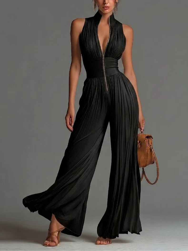 Pleated Wide-Leg Jumpsuit for Women – Sleeveless High-Waist Minimalist Long Jumpsuit