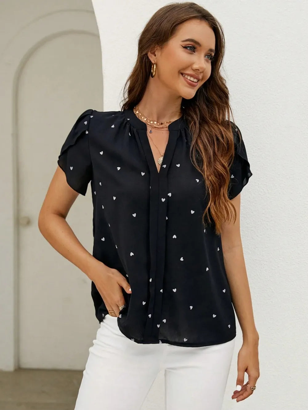 Women's V-Neck Heart Print Blouse – Petal Sleeve Pleated Front Elegant Top