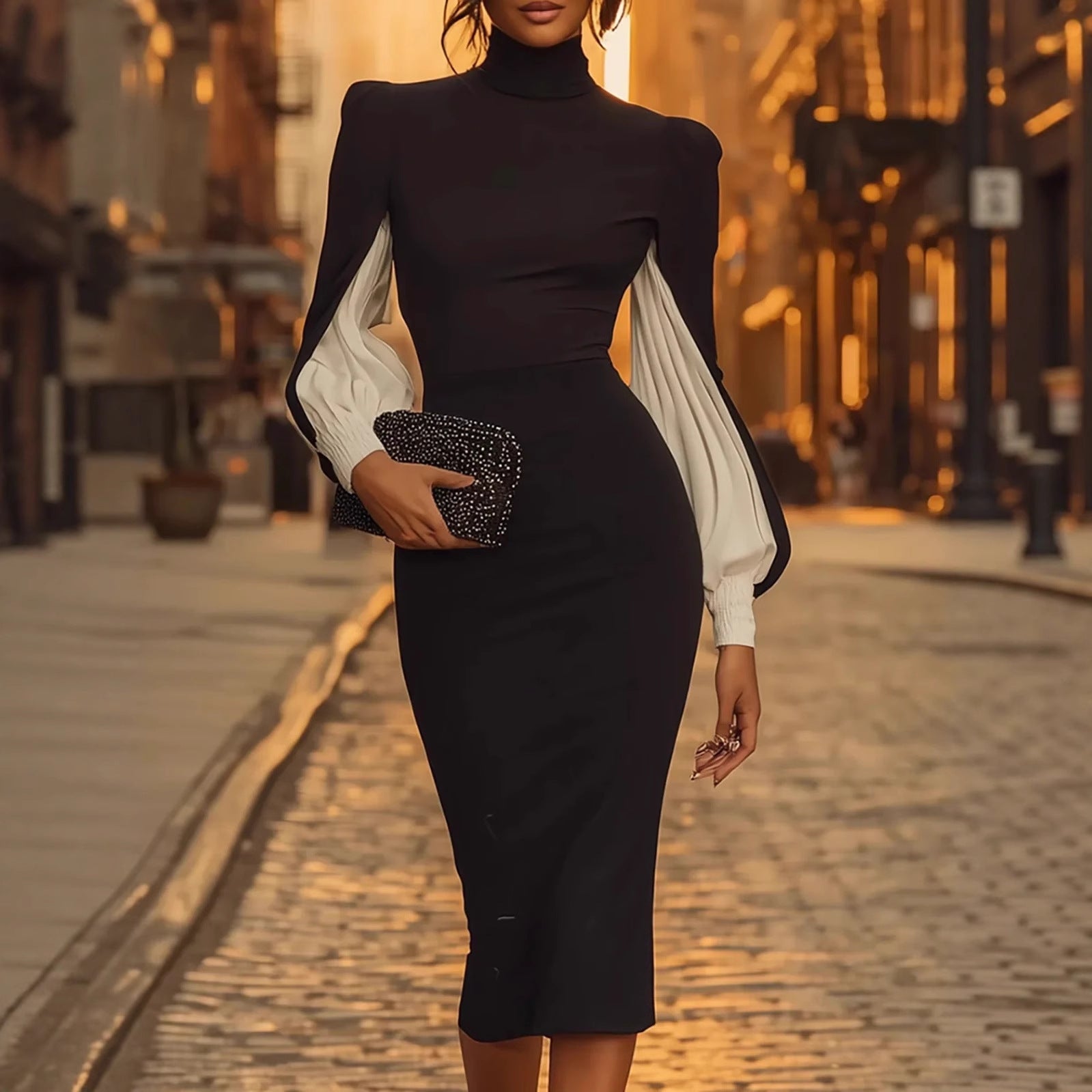 Elegant High Neck Color Block Sheath Dress with Side Slit