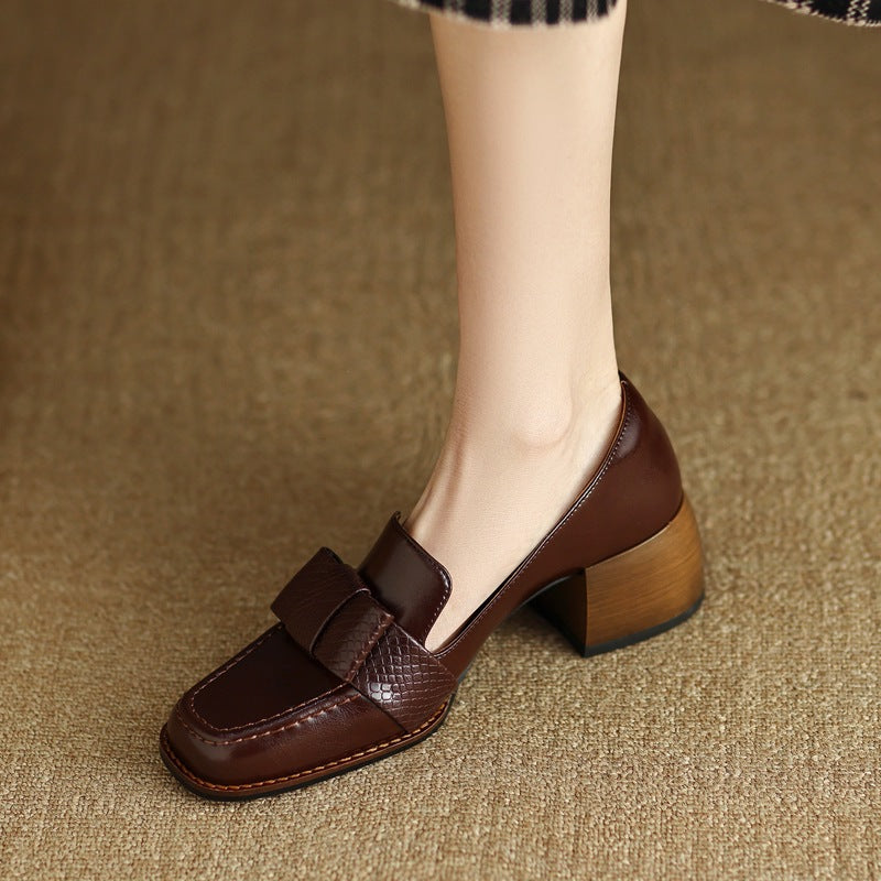 Women's Cowhide Square Toe Chunky Heel Pumps – Floral Detail Commuter Heels