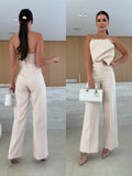 Candy-Colored Bodycon Halterneck Backless High-Waist Wide-Leg Jumpsuit