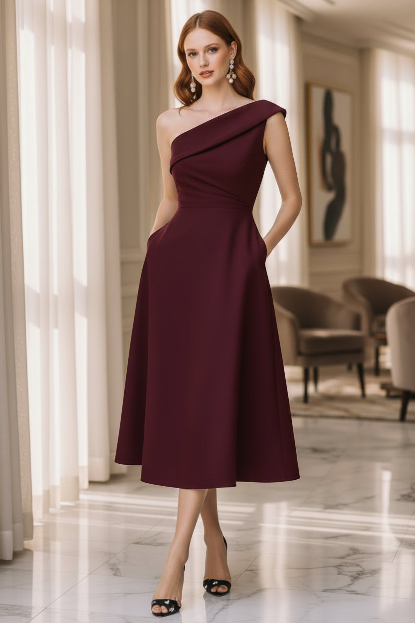 Women's Off-Shoulder Swing Dress – Solid Color Flowy Midi