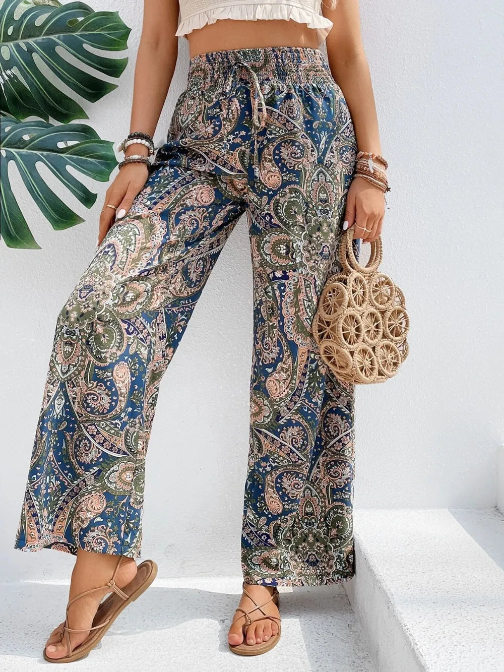 Women's Paisley Print Wide-Leg Pants – Boho Smocked Elastic Waist Tie-Up Flowy Trousers