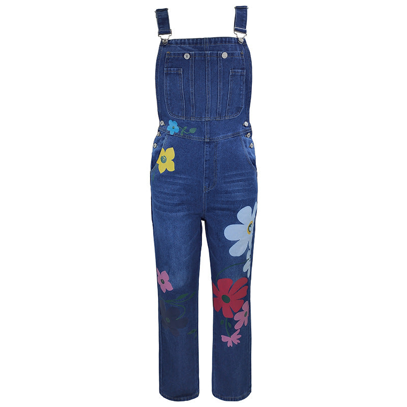 Women's Printed Ripped Loose Straight-Leg High-Waist Denim Pants