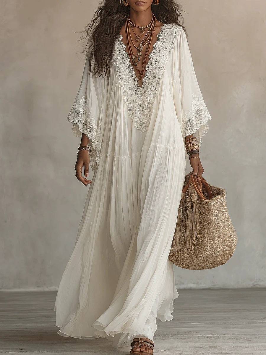 Women's Deep V-Neck Lace Trim Flared Sleeve Boho Maxi Dress