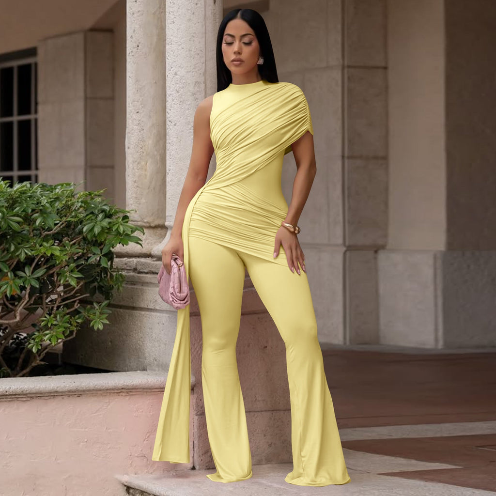 Women's Crew-Neck Pleated Ribbon Flare Jumpsuit