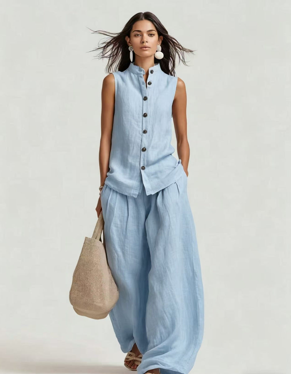 Women's Stand Collar Sleeveless Top & High-Waist Wide-Leg Pants Set