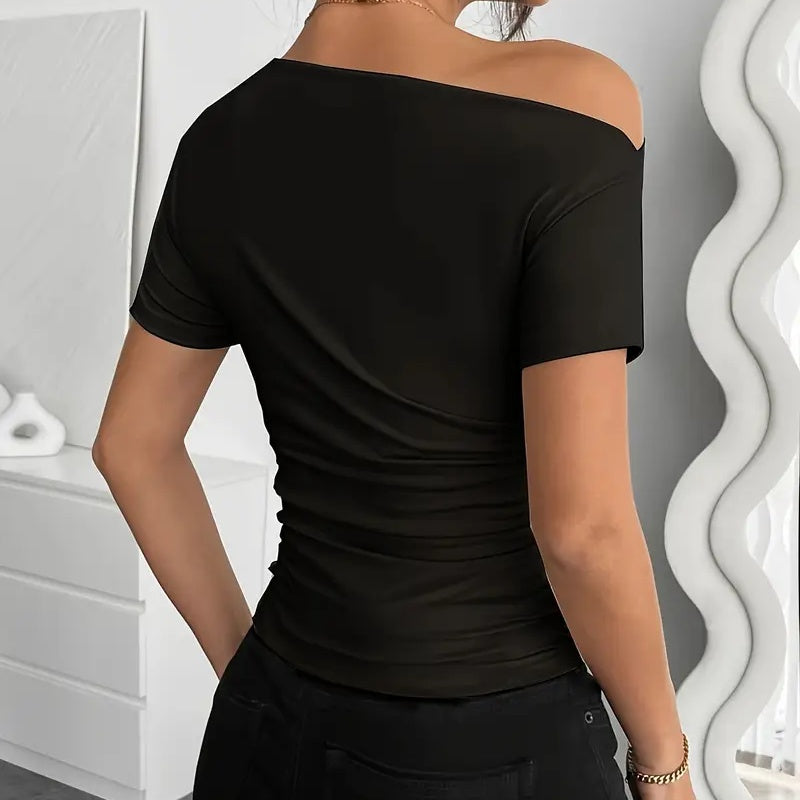 Women’s Y2K Ruched One-Shoulder Summer Top – Slim Fit Asymmetrical Shirt