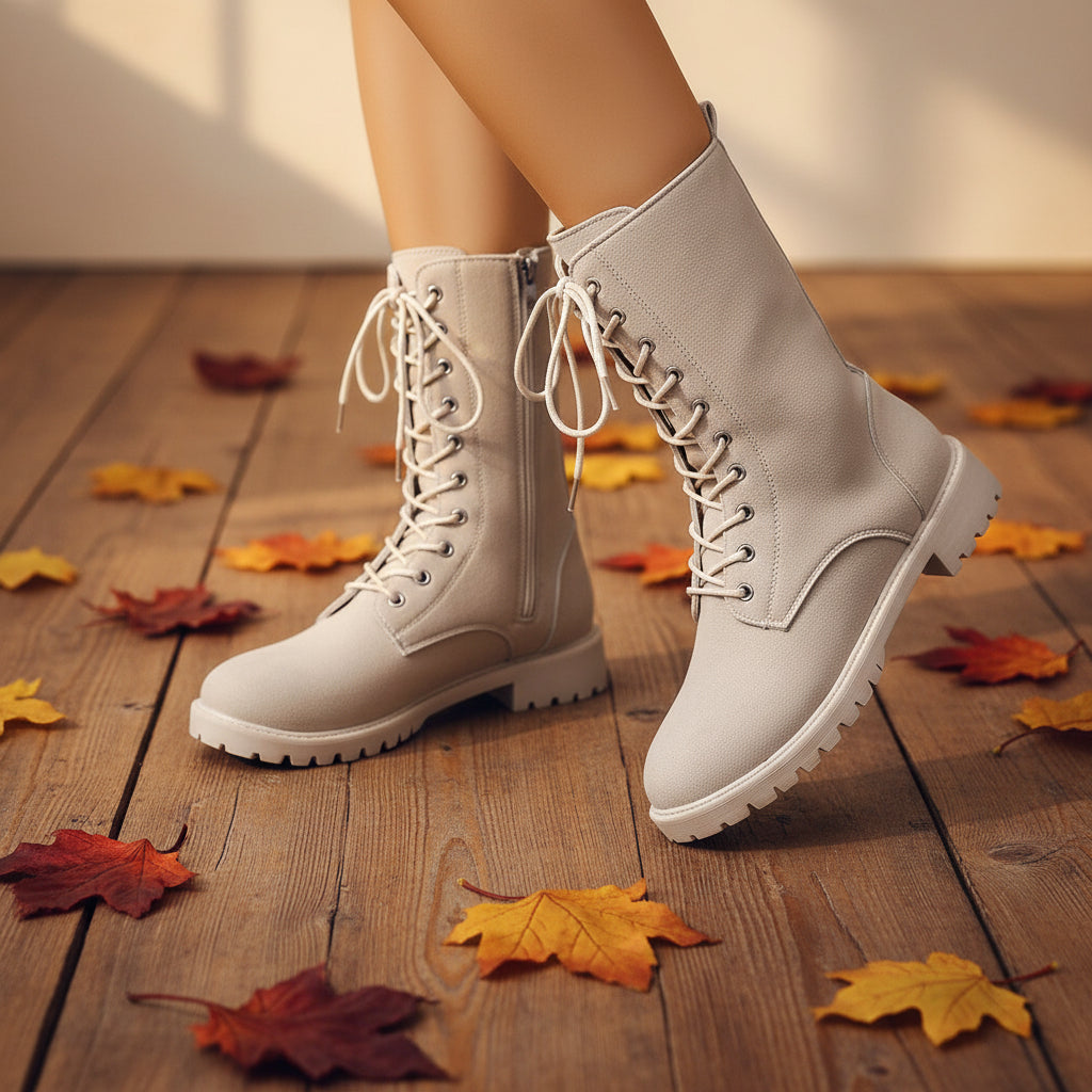 Women's Lace-Up Mid-Calf Combat Boots – Square Block Heel Lug Sole