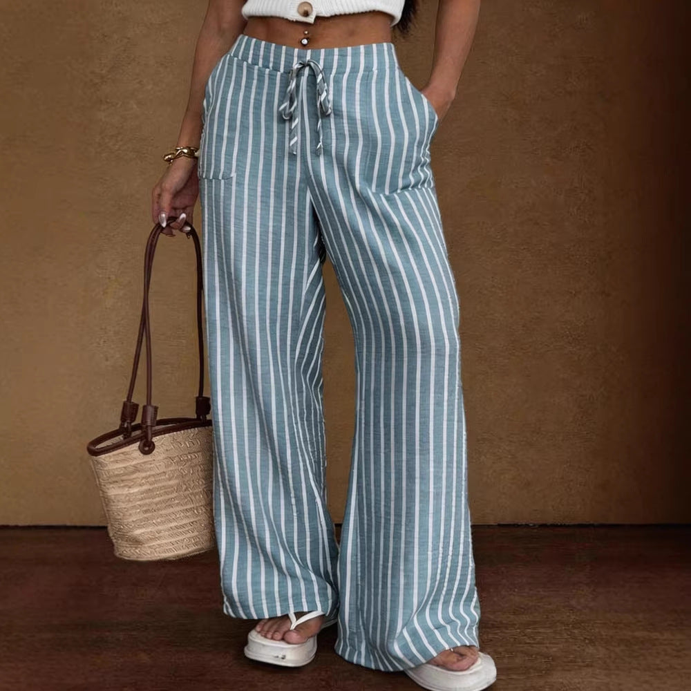 Women's Striped Wide-Leg Trousers – Lace-Up Elastic Waist Loose Fit