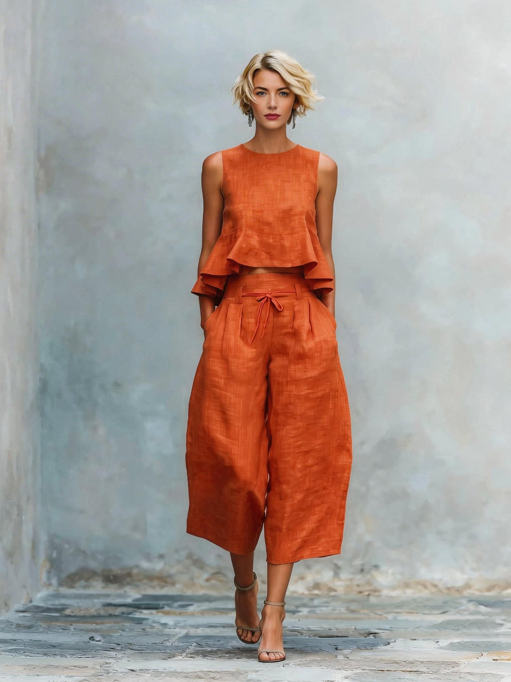 Women's Linen-Blend Sleeveless Two Piece Set with Ruffled Detailing