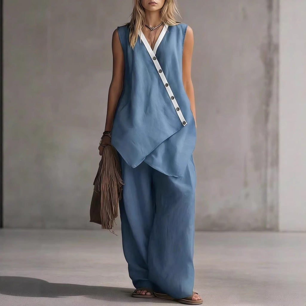 Women's Boho V-Neck Button Vest & Wide-Leg Pants Set