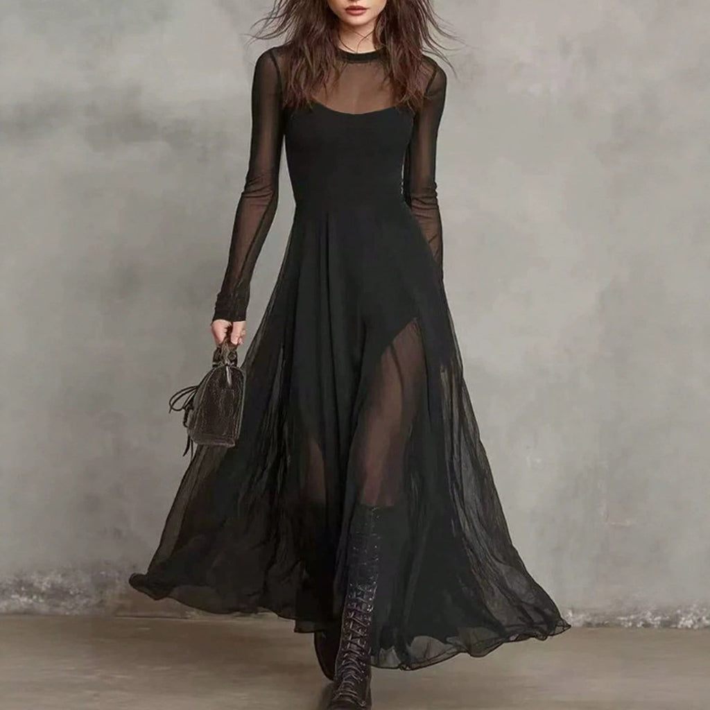 Women's Elegant Mesh-Spliced Maxi Dress — High Waist Slim Fit Patchwork