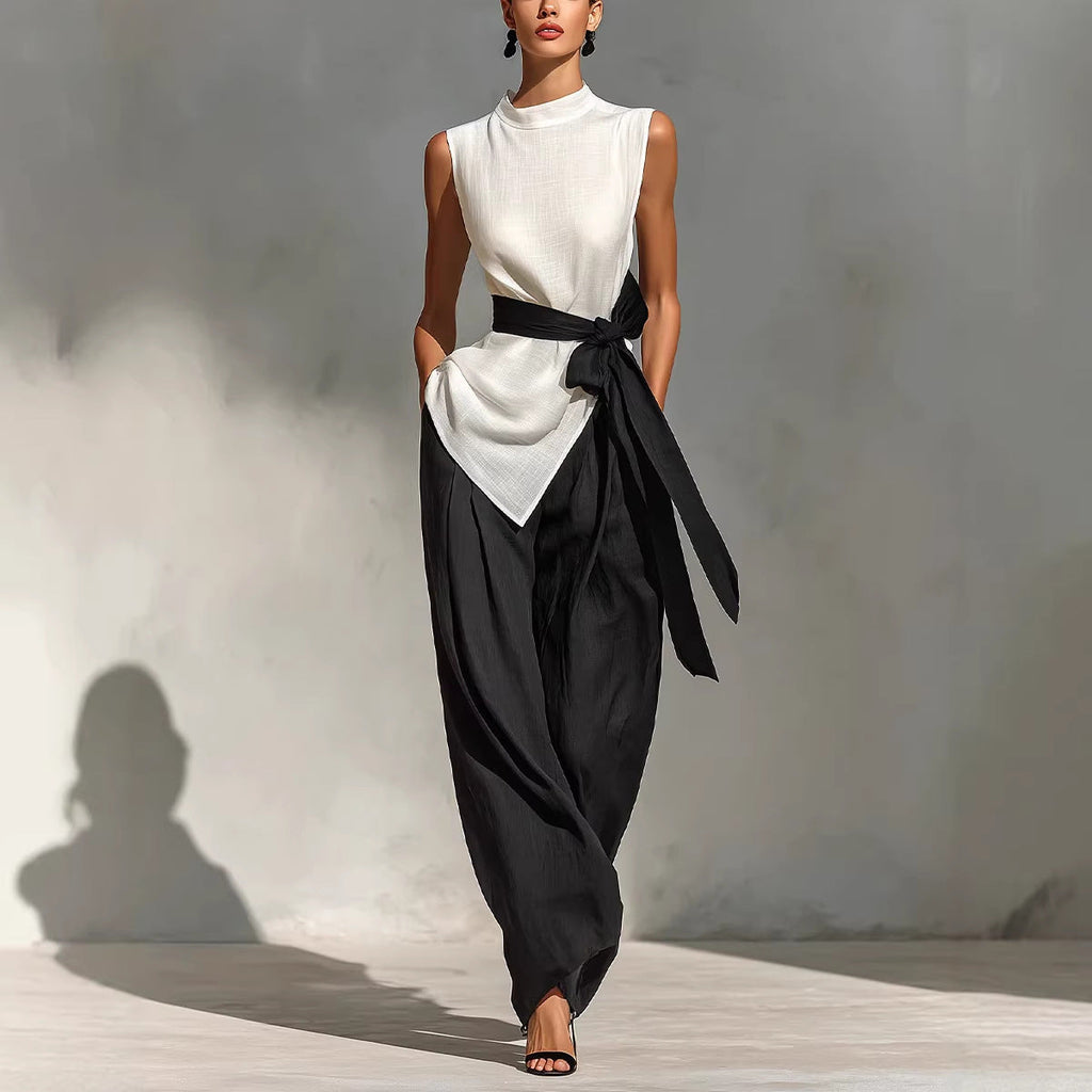 Women's Lace-Up Sleeveless Top & Wide-Leg Pants Two-Piece Set – White