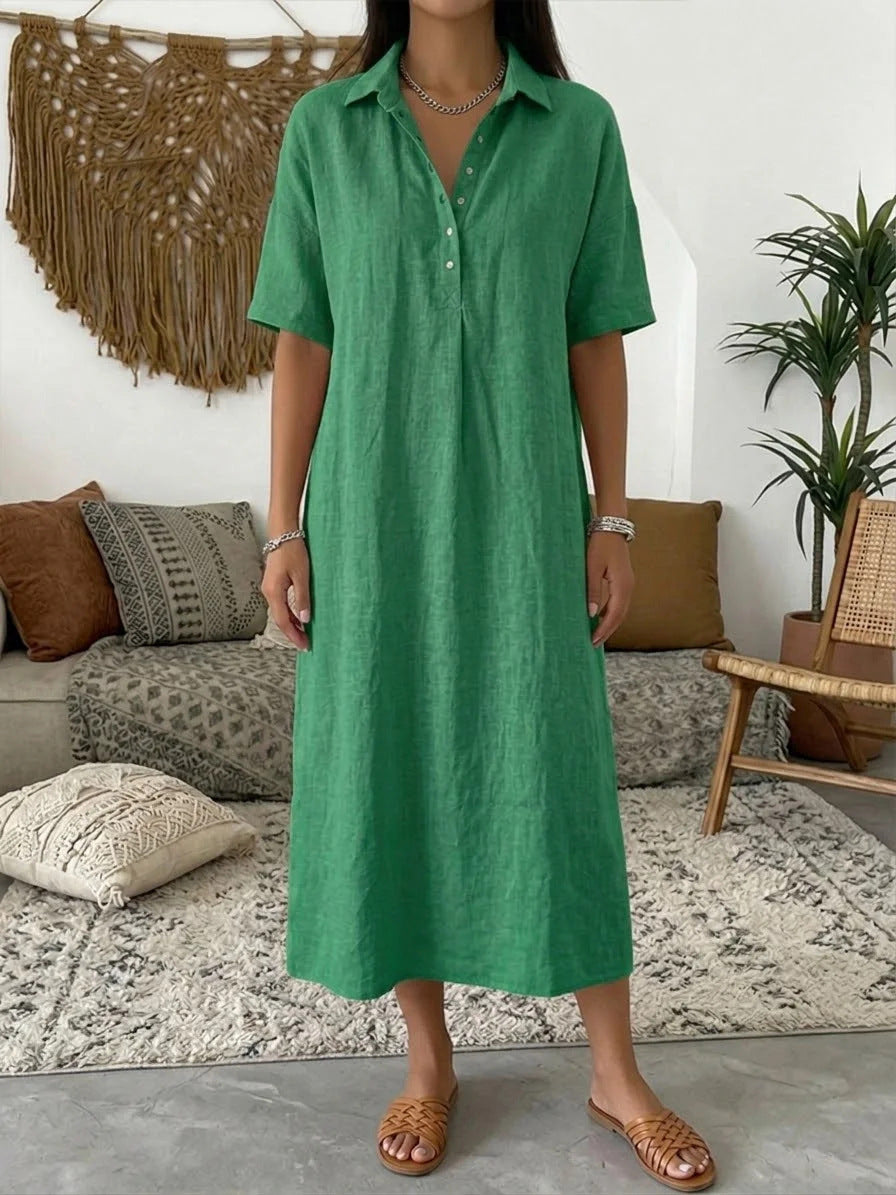 Women's Linen Blend Short Sleeve Polo Neck Maxi Dress