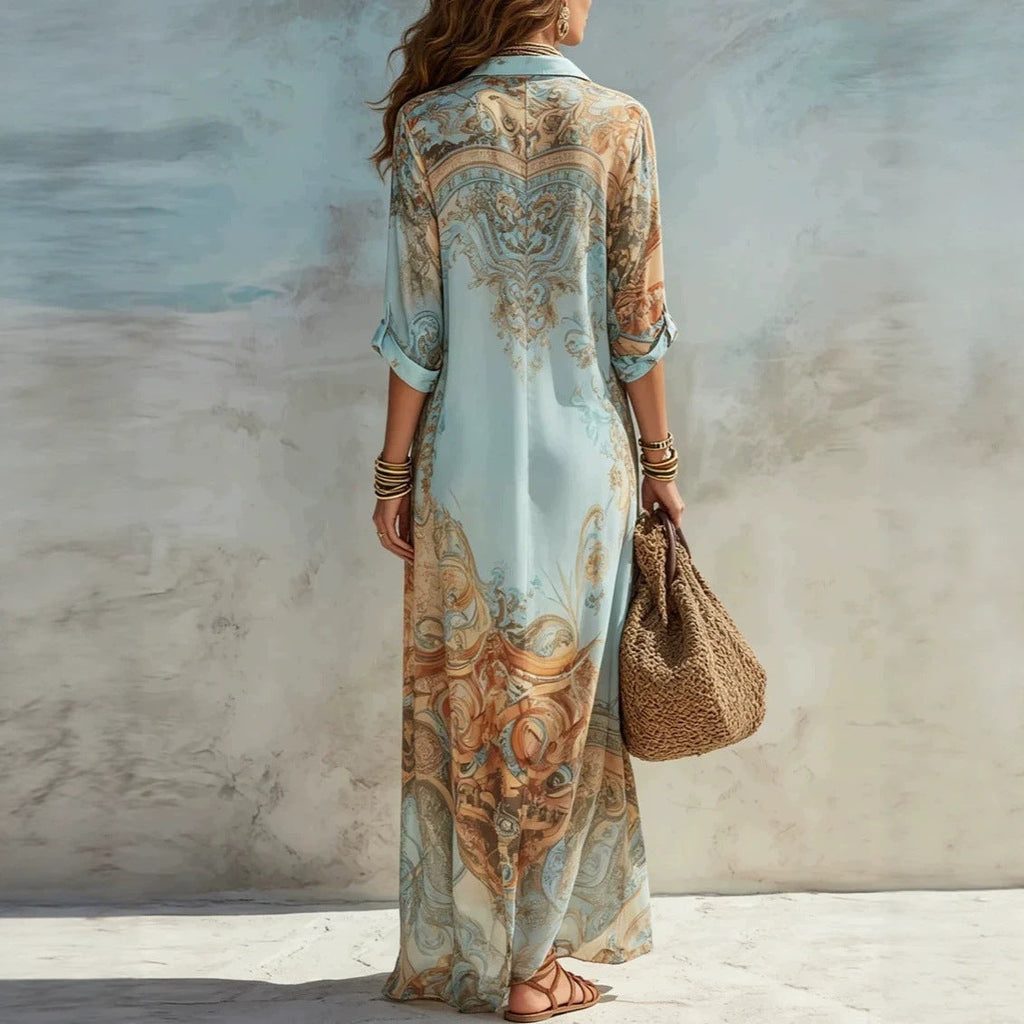 Women's Floral Print Chiffon Turn-Down Collar Split Maxi Dress | Resort Beach Dress