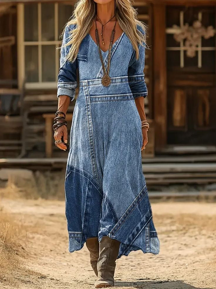 Women's Retro Chic 3D Print V-Neck Long-Sleeve A-Line Dress