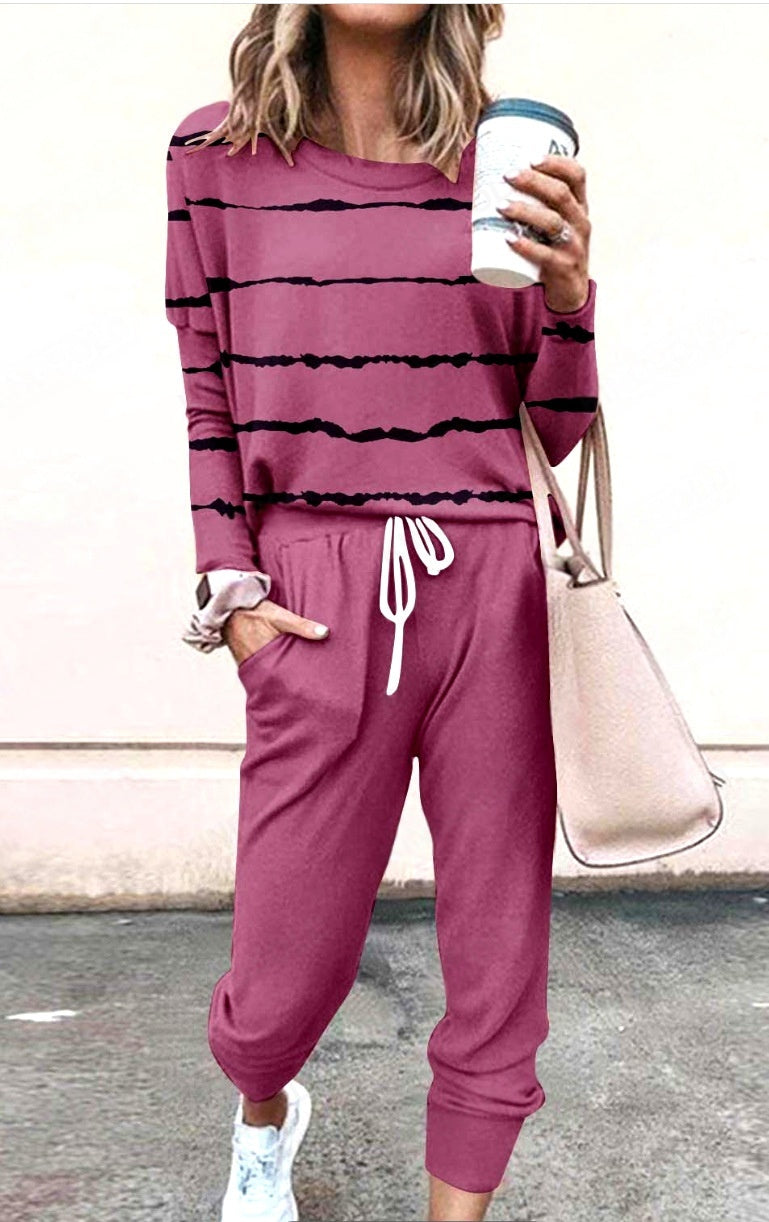 Women's Long Sleeve T-Shirt & Pencil Pants Set – Loose Fit, Striped & Solid