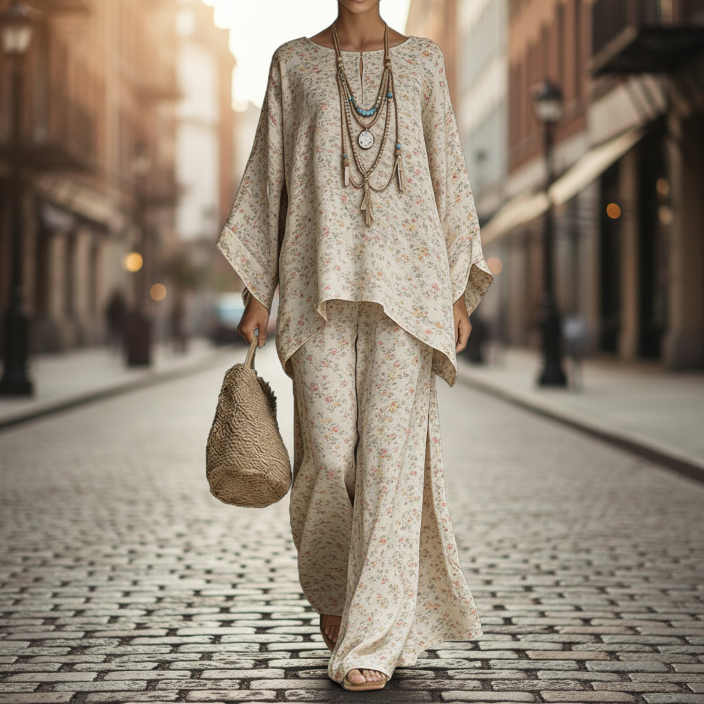 Floral Print Bamboo Linen Two-Piece Set | Wide-Leg Pants