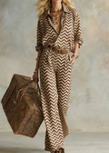 Women's Vertical Stripe Collared Loose Long-Sleeve Shirt & Wide-Leg Pants Set