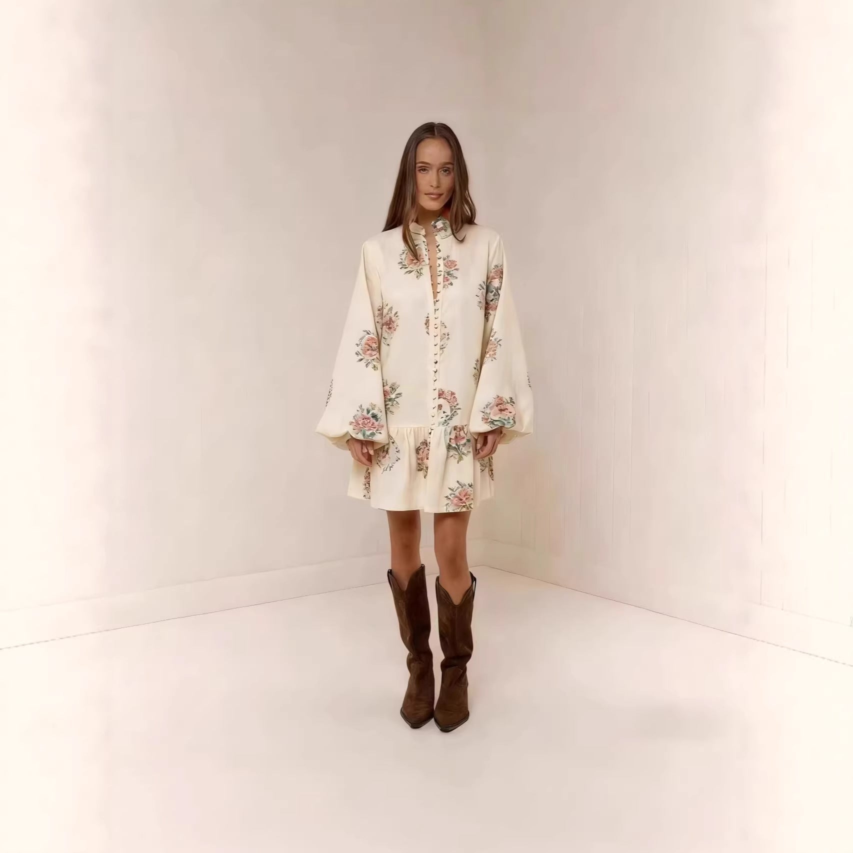 Digital Print Lantern Sleeve Linen Midi Dress – Loose Fit Pullover