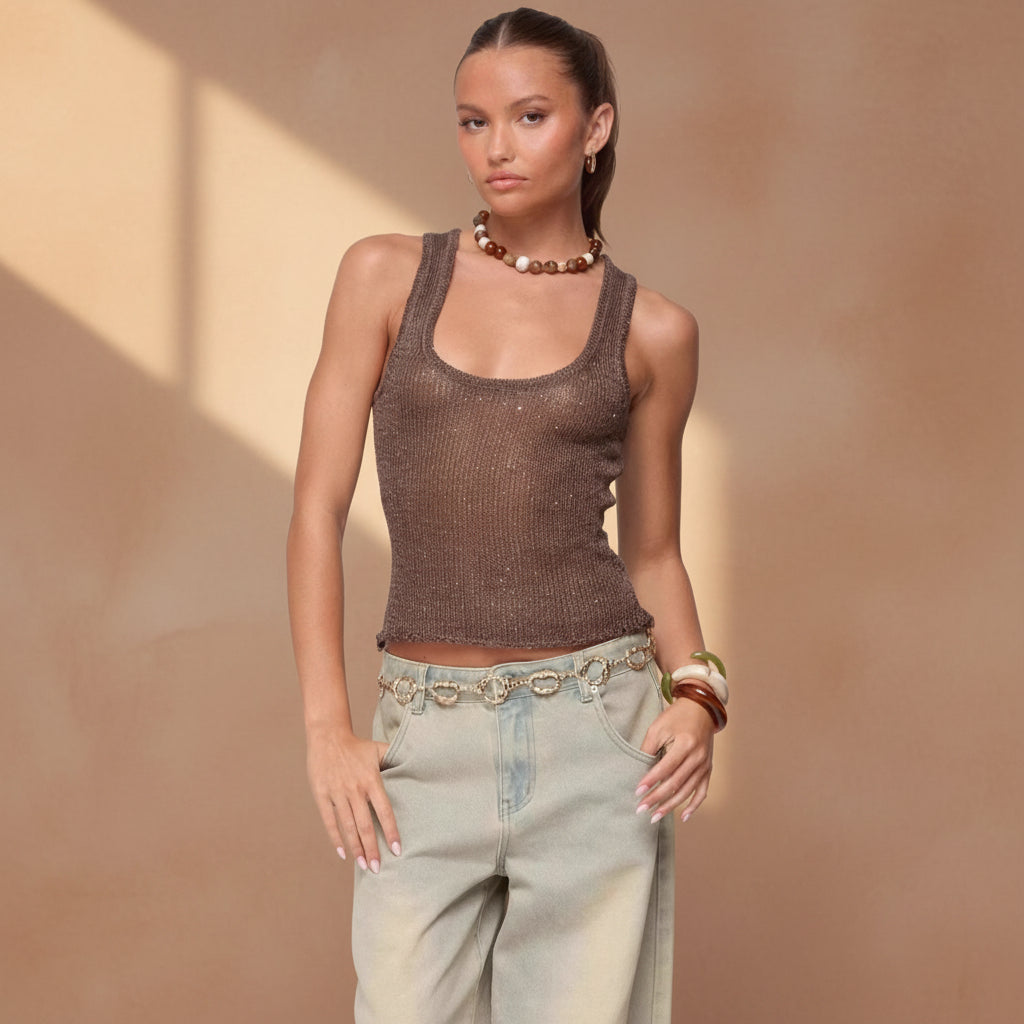 Women's Sequin Deep V-Neck Strappy Tank Top – 3 Colors S–L
