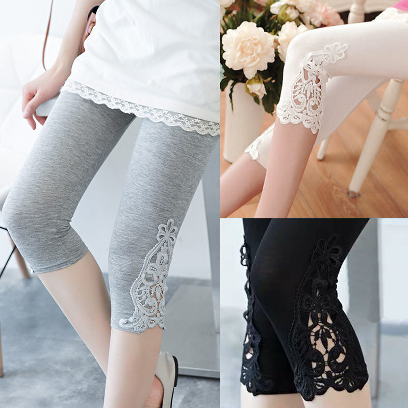 Women’s Lace Trim Stretch Leggings – Fashion Bottoming Pants