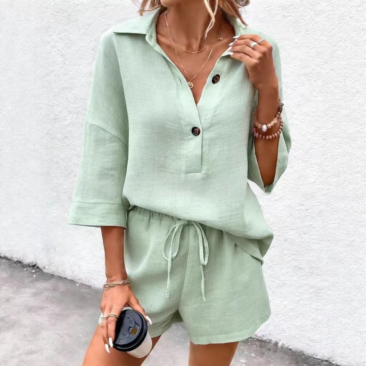 Women's Notch-Lapel Short-Sleeve Top & Belted Shorts Two-Piece Set