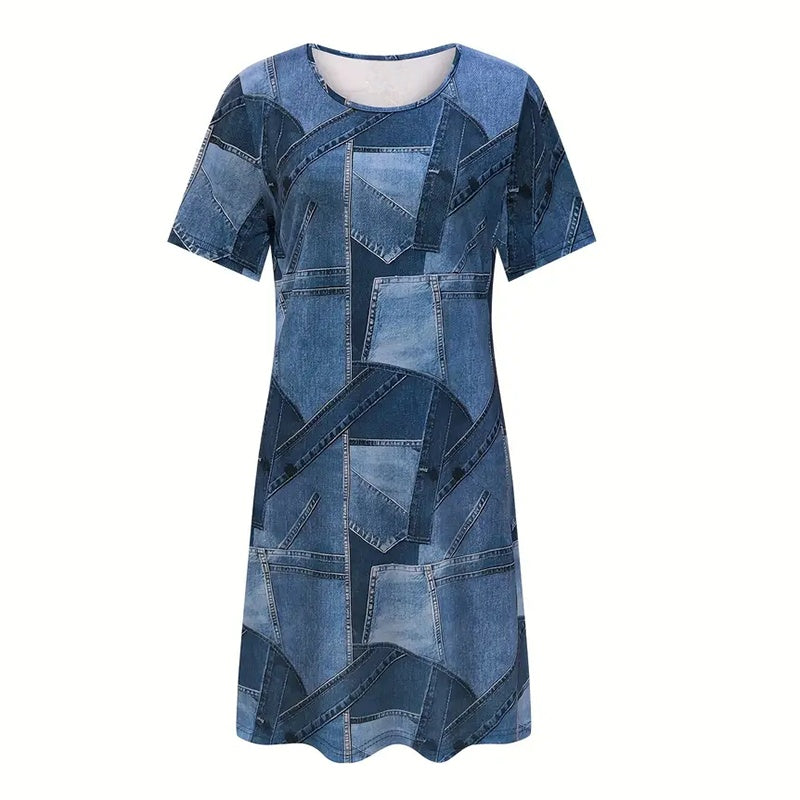 Women's Plus Size Digital Print Denim-Look Short Sleeve Dress