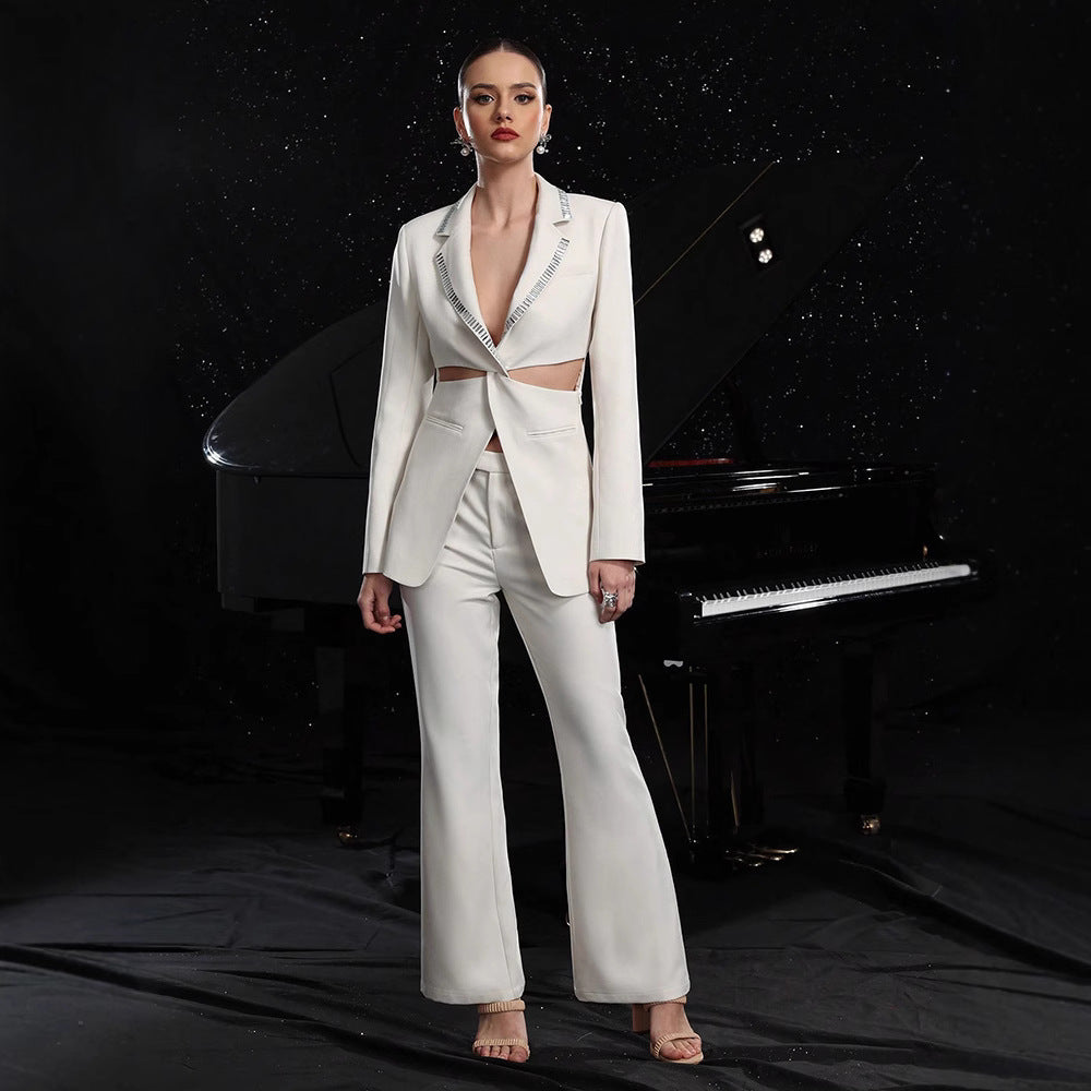 Women's Elegant Hollow-Out Long-Sleeve Suit Jacket & Pants Set