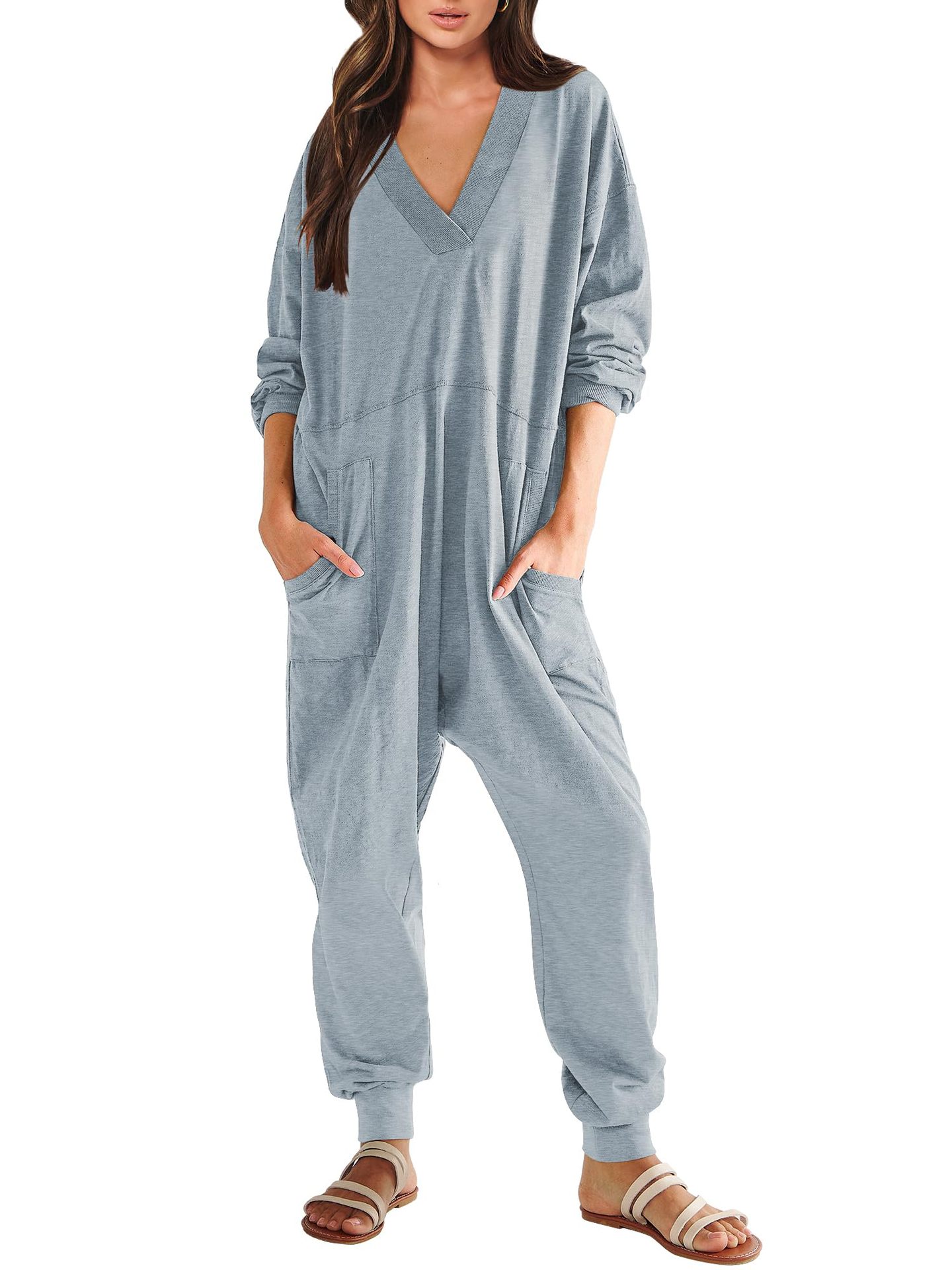 Women’s V-Neck Long Sleeve Solid Color Loose Jumpsuit With Two Side Pockets