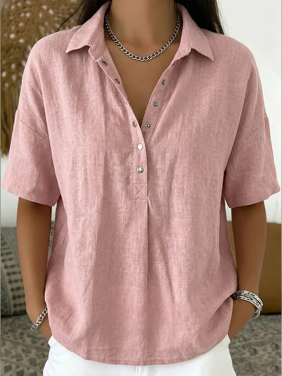 Short Sleeve Button Pullover Shirt – Solid Color Women’s Top